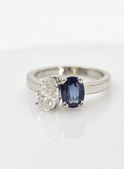 Custom 14K gold diamond and sapphire two stone ring, view 2