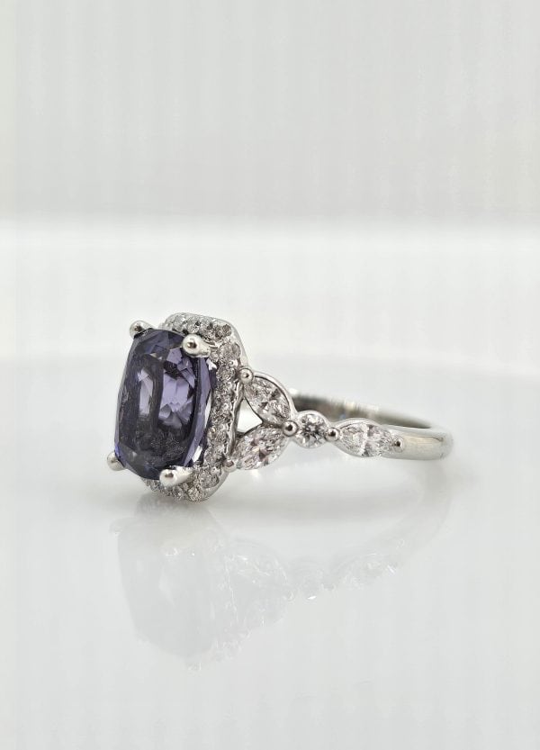 Custom platinum spinel and diamond ring, view 3
