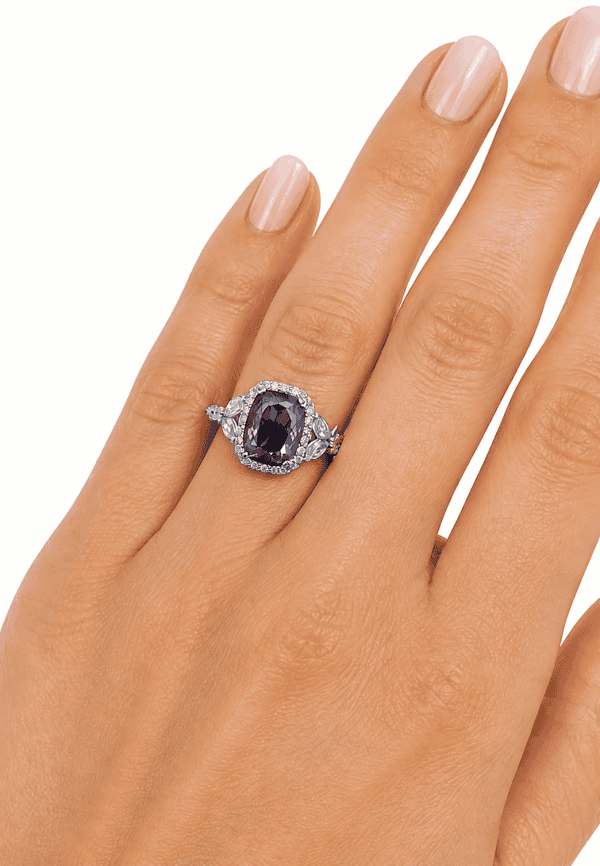 Custom platinum spinel and diamond ring, view 2