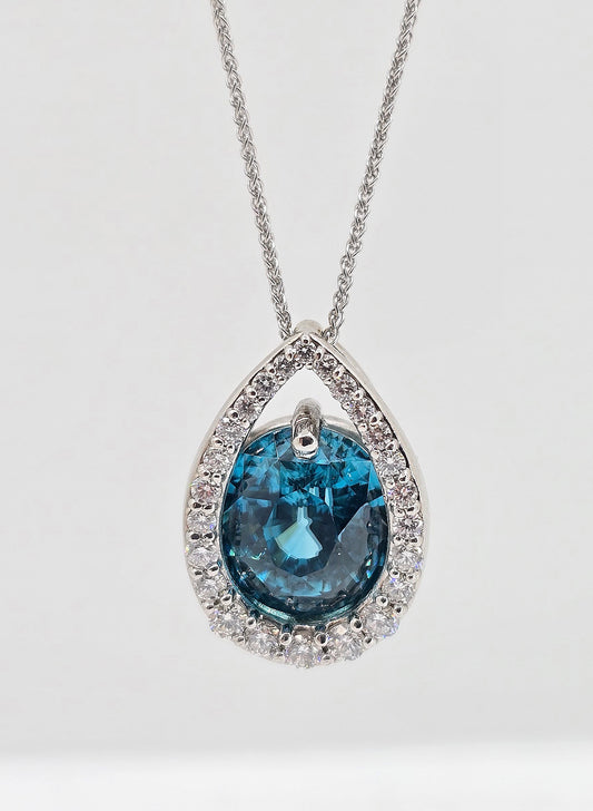 Custom 14K gold blue zircon and diamond necklace