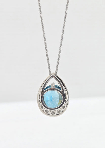 Custom 14K gold blue zircon and diamond necklace, view 4