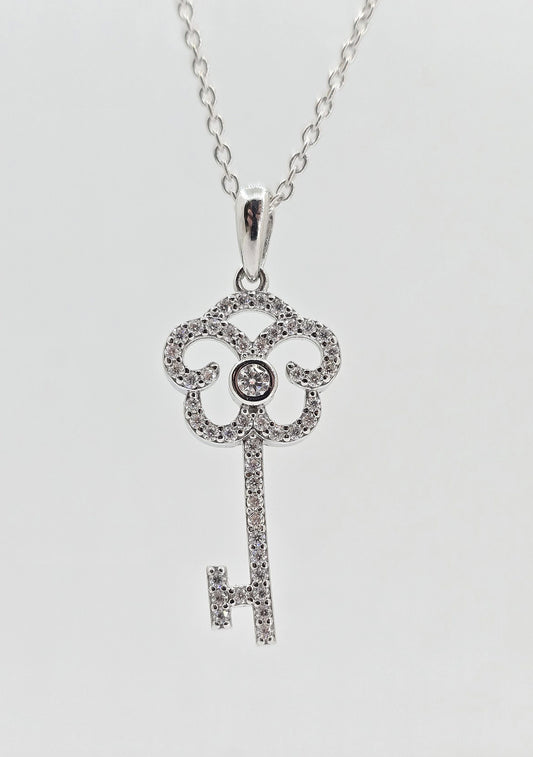 Sterling silver moissanite key necklace