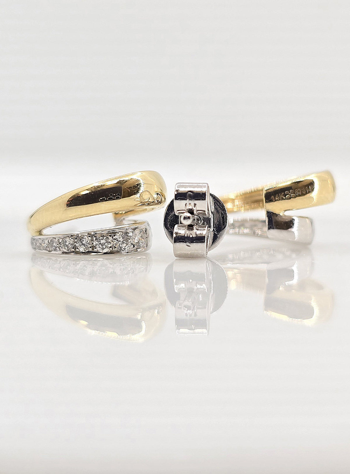 14K two-tone gold diamond J initial earrings, view 3