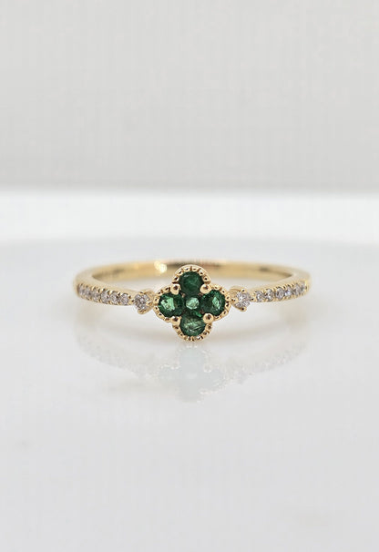 14K gold clover emerald and diamond ring