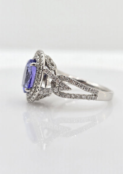 14K gold tanzanite ring with double diamond halo, view 4