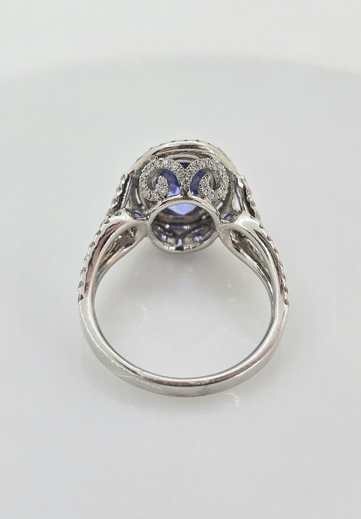 14K gold tanzanite ring with double diamond halo, view 3