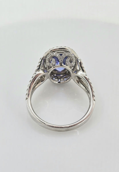 14K gold tanzanite ring with double diamond halo, view 3