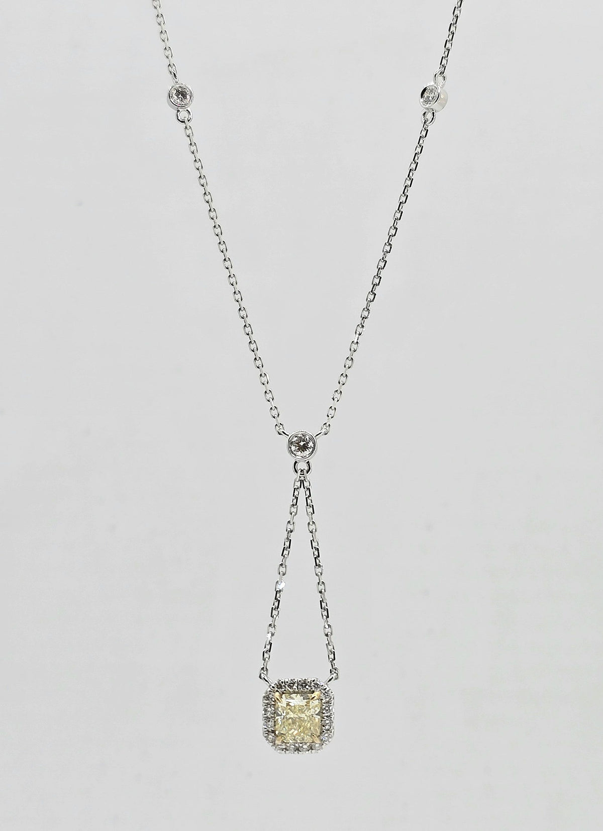 14K gold yellow diamond halo lariat necklace