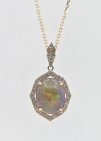 14K gold jelly opal and diamond necklace