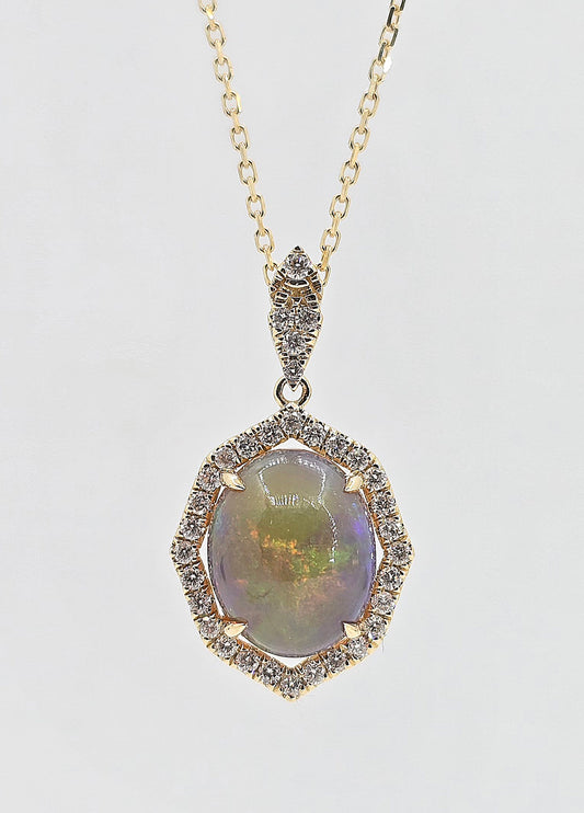 14K gold jelly opal and diamond necklace