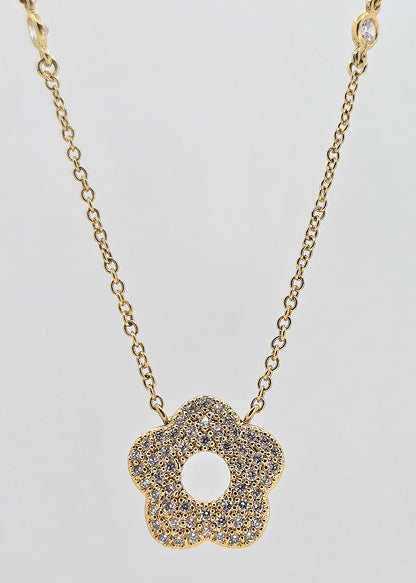 Gold plated cubic zirconia pave flower necklace