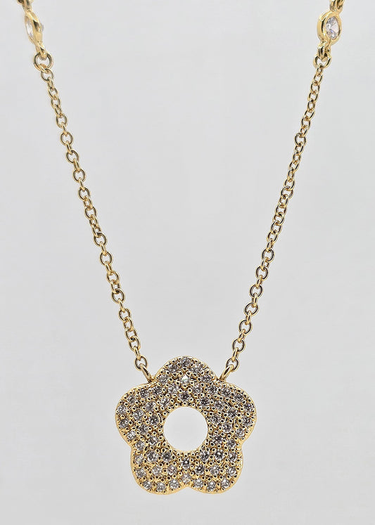 Gold plated cubic zirconia pave flower necklace