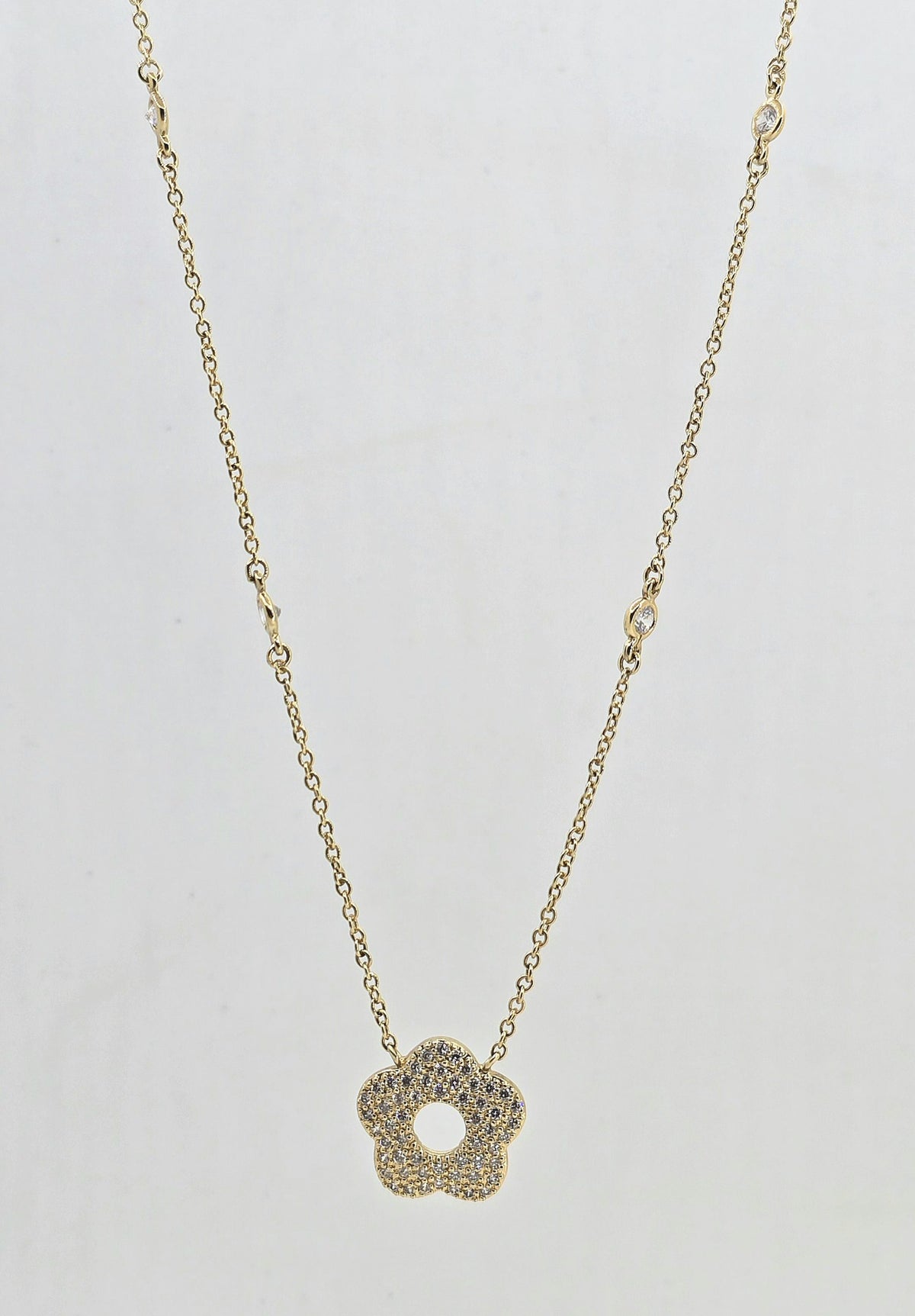 Gold plated cubic zirconia pave flower necklace, view 3