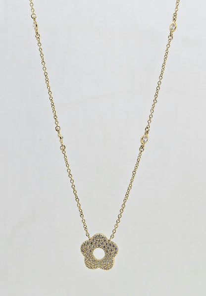 Gold plated cubic zirconia pave flower necklace, view 3