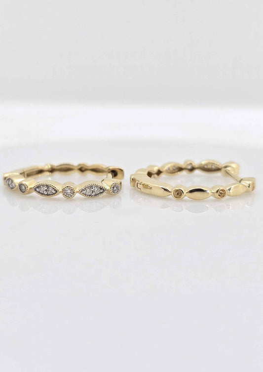 10K gold milgrain diamond hoop earrings