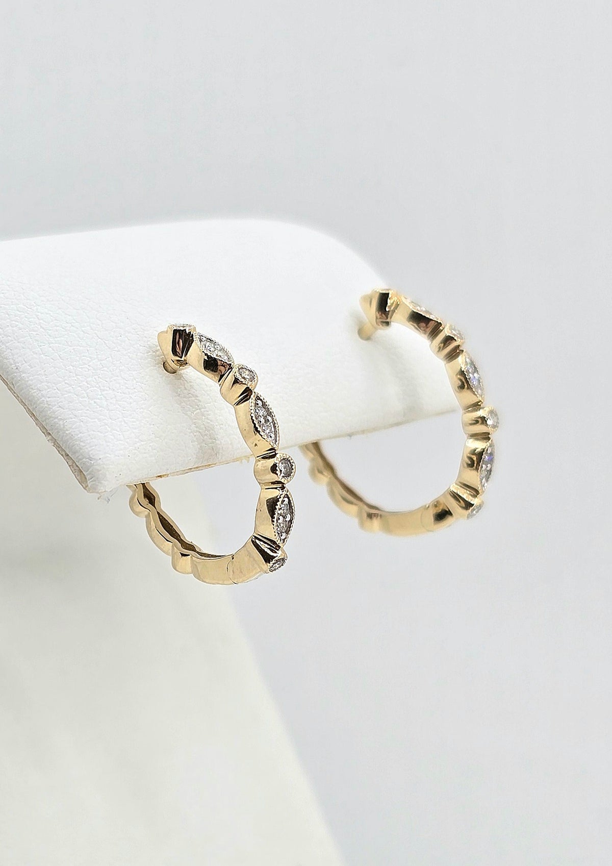 10K gold milgrain diamond hoop earrings, view 3