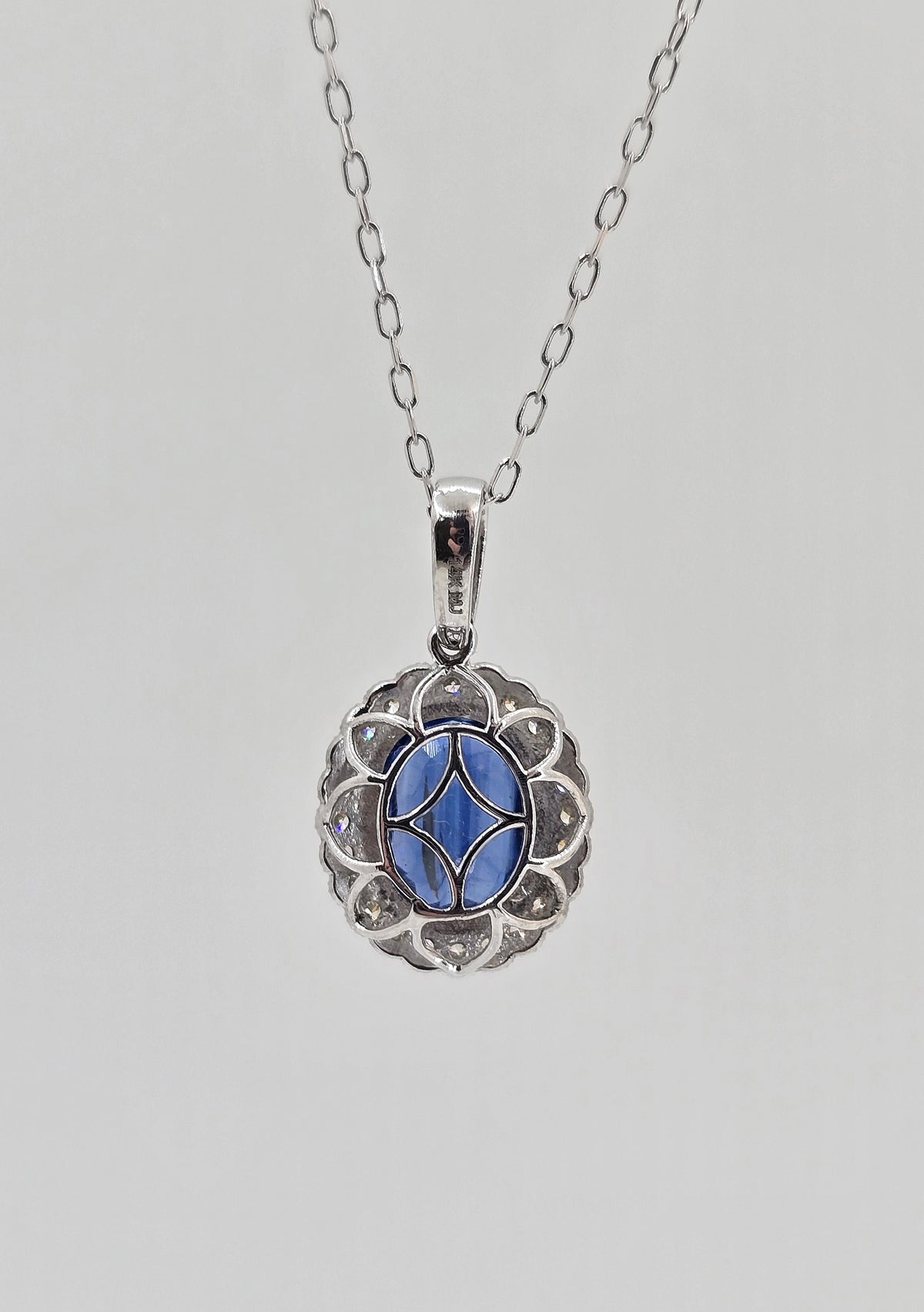 14K gold kyanite and scalloped diamond halo necklace, view 3