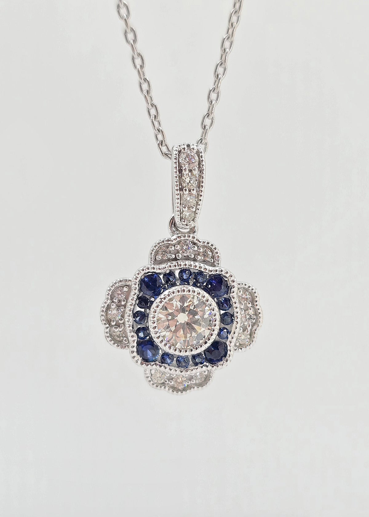 14K gold milgrain sapphire and diamond necklace