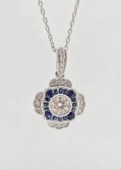 14K gold milgrain sapphire and diamond necklace