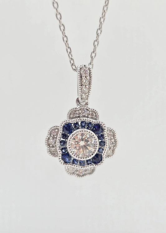 14K gold milgrain sapphire and diamond necklace