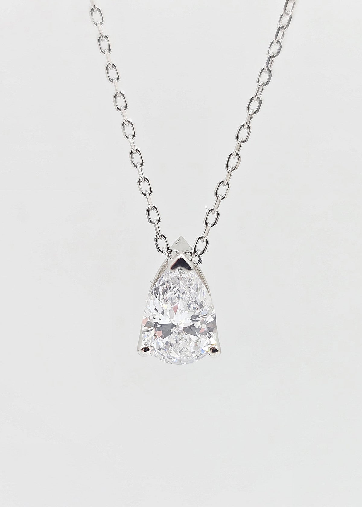 Sterling silver pear lab grown diamond solitaire necklace