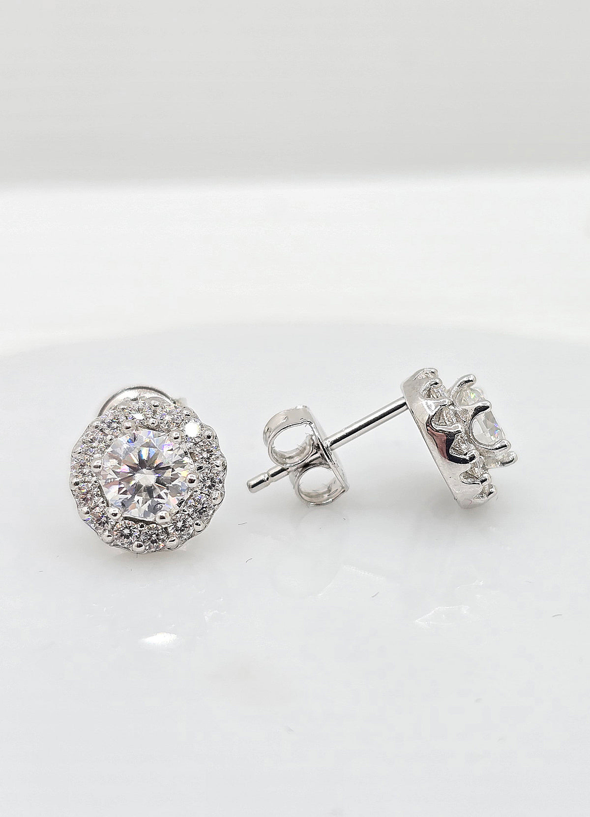 Sterling silver moissanite halo earrings, view 3