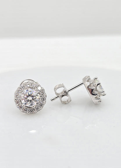 Sterling silver moissanite halo earrings, view 3