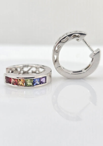14K gold rainbow sapphire huggie earrings