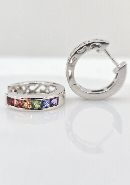 14K gold rainbow sapphire huggie earrings