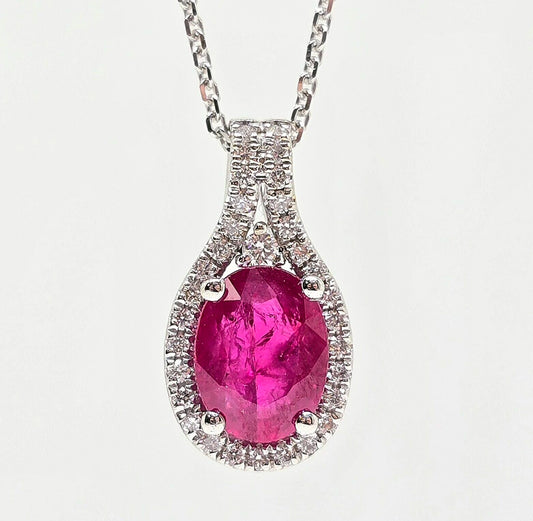 14K gold ruby necklace with diamond halo