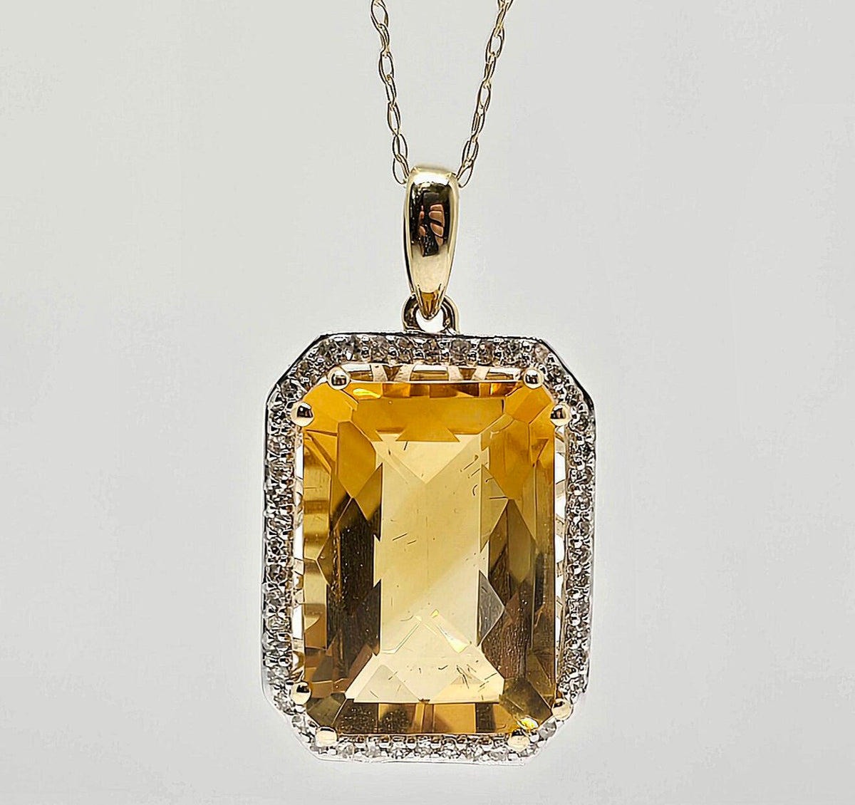 14K gold citrine necklace with diamond halo