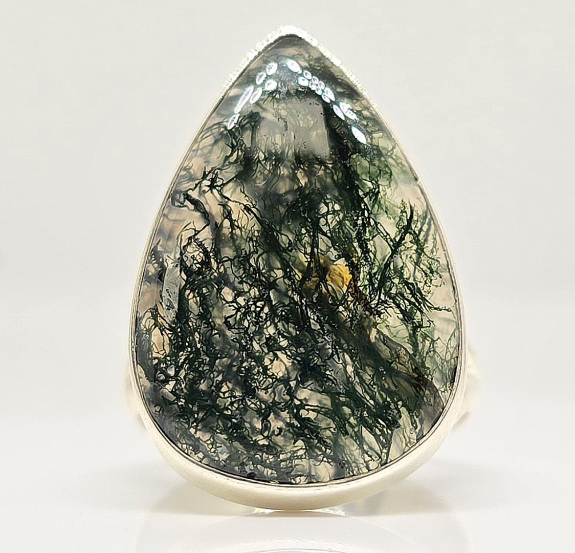 Sterling silver pear shaped moss agate ring