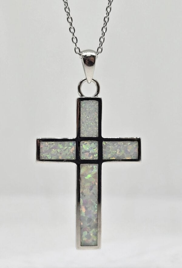 Sterling silver double-sided opal cross necklace, view 2