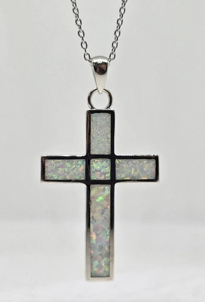 Sterling silver double-sided opal cross necklace, view 2