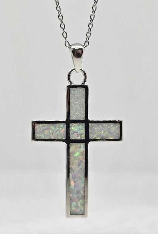 Sterling silver double-sided opal cross necklace, view 2