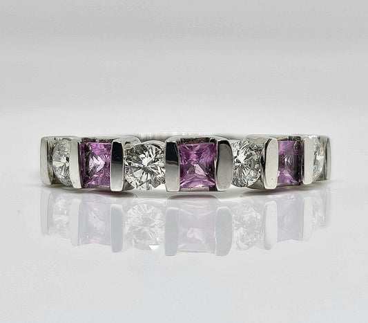 14K white gold pink sapphire and diamond bar set band