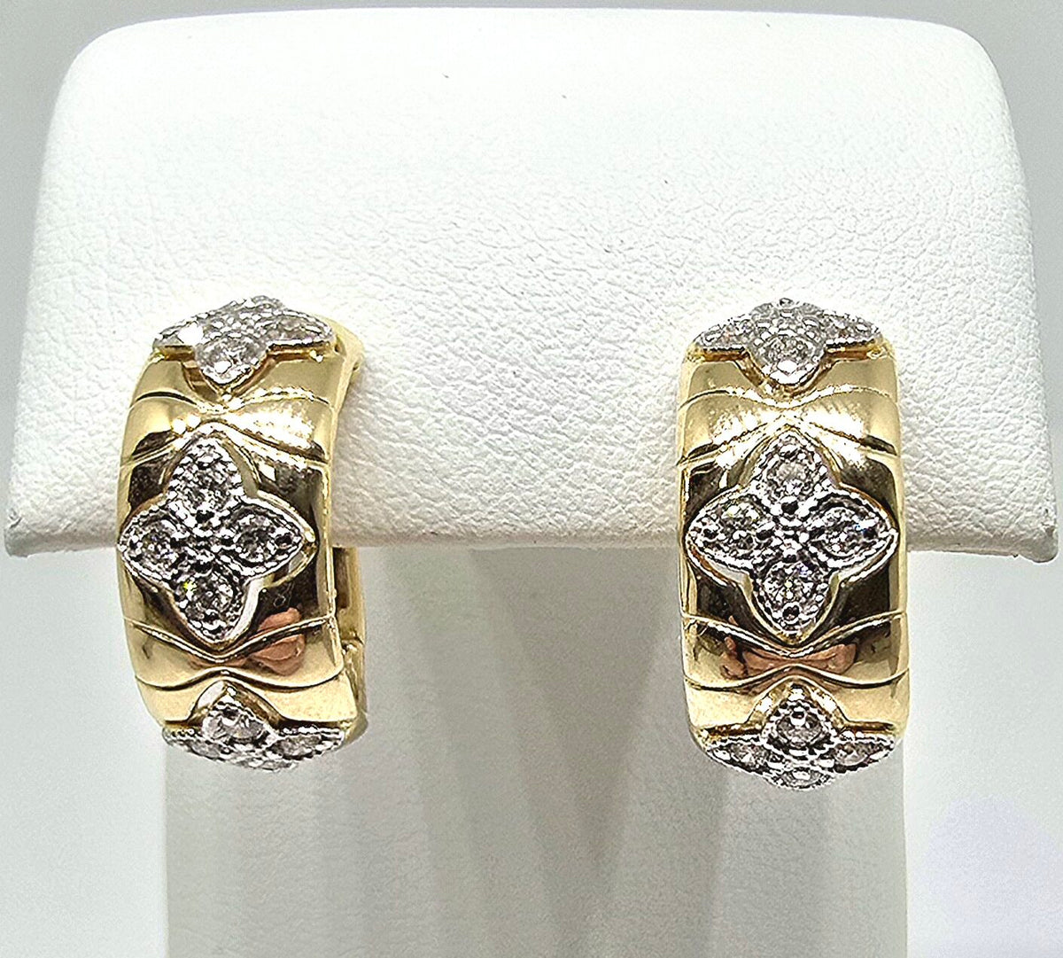 14K gold clover design diamond hoops