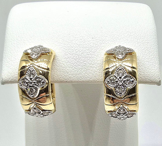 14K gold clover design diamond hoops