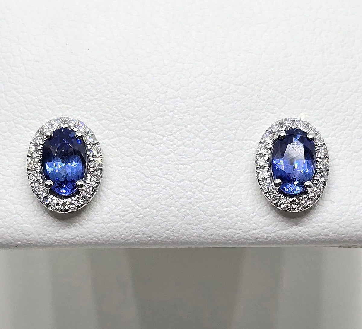 18K gold blue sapphire and diamond halo earrings