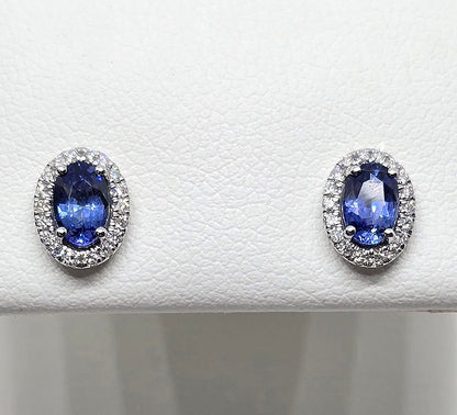 18K gold blue sapphire and diamond halo earrings