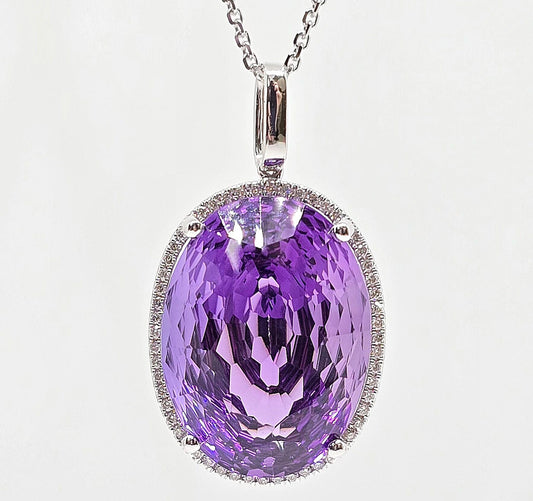 14K gold amethyst necklace with diamond halo