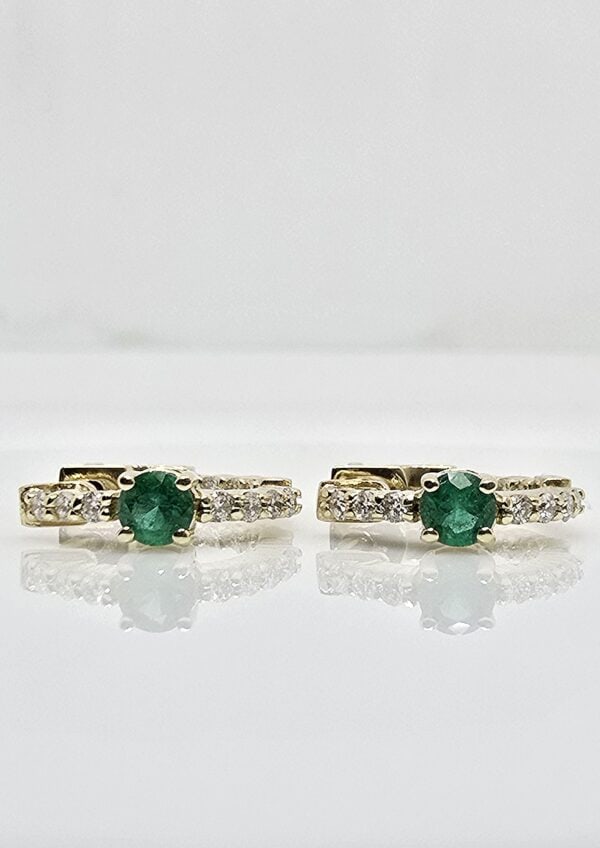 14K gold emerald and diamond huggie earrings, view 3