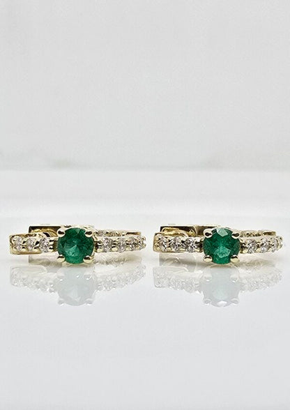 14K gold emerald and diamond huggie earrings, view 3