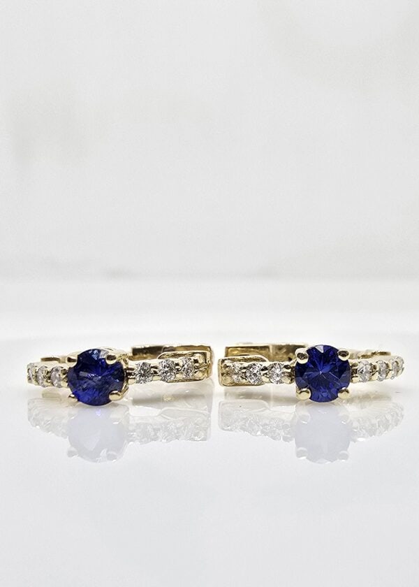 14K gold sapphire and diamond huggie earrings, view 3