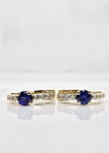 14K gold sapphire and diamond huggie earrings, view 3