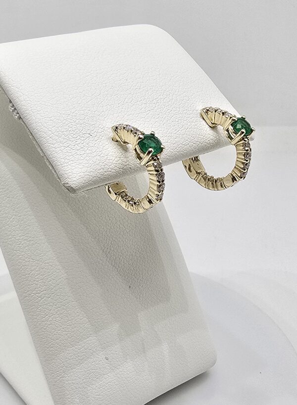 14K gold emerald and diamond huggie earrings, view 2