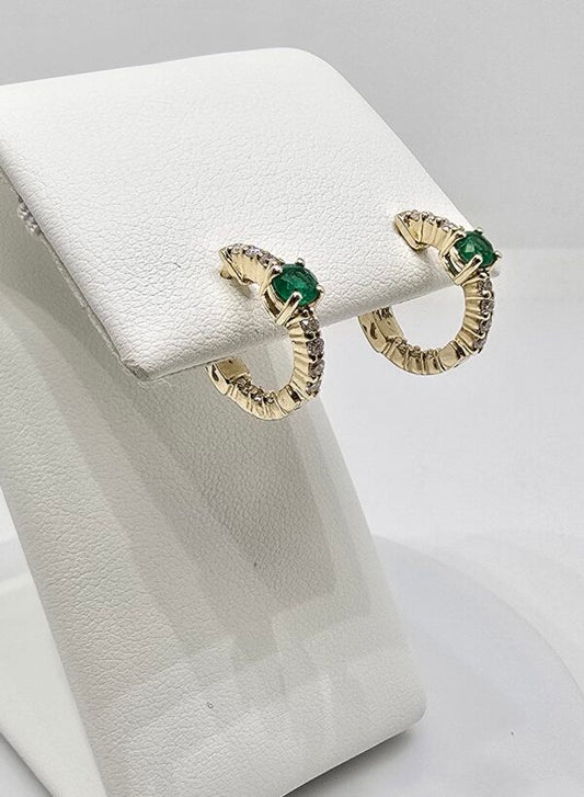 14K gold emerald and diamond huggie earrings, view 2