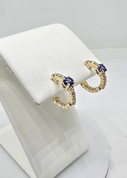 14K gold sapphire and diamond huggie earrings, view 2