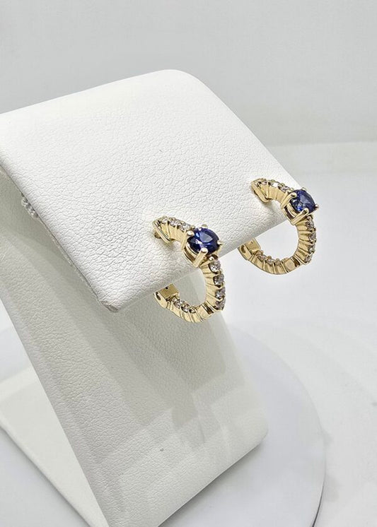 14K gold sapphire and diamond huggie earrings, view 2