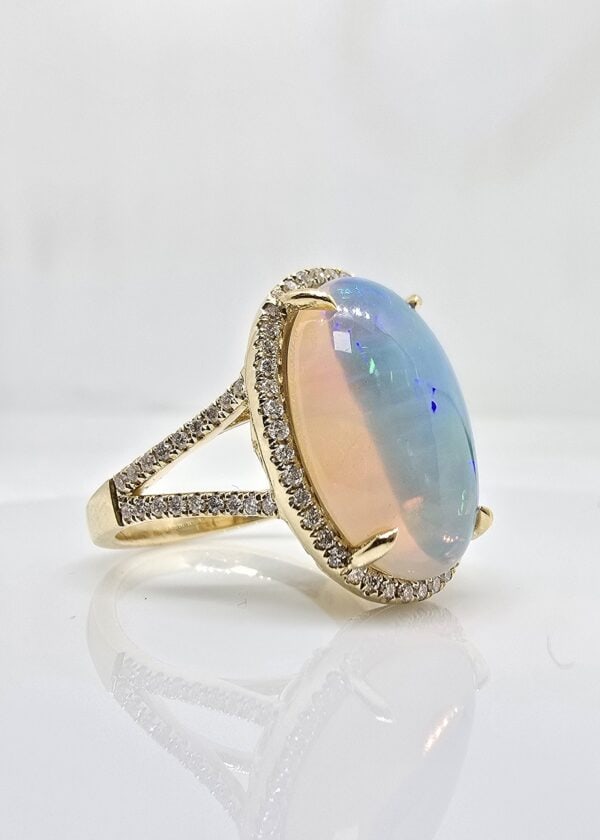 14K gold Ethiopian opal and diamond halo ring, view 3